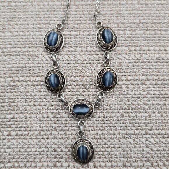 18 Inch Sterling Silver Cat's Eye Gemstones Rustic Necklace A6405 - Picture 4 of 8
